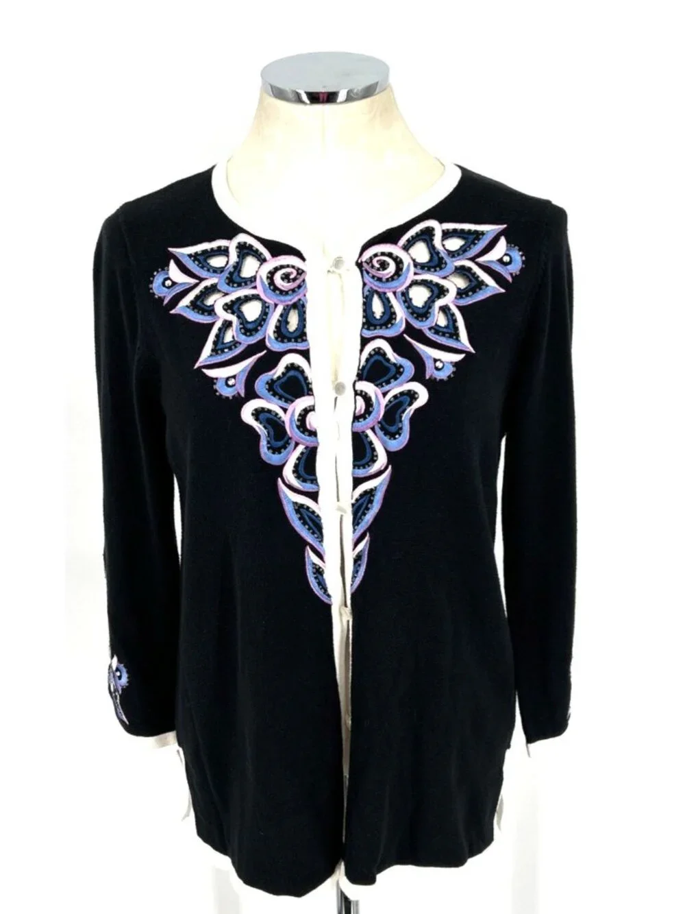 Bob Mackie Wearable Art Cardigan Sz S Sweater Black Embroidered Cut Out - Picture 1 of 7